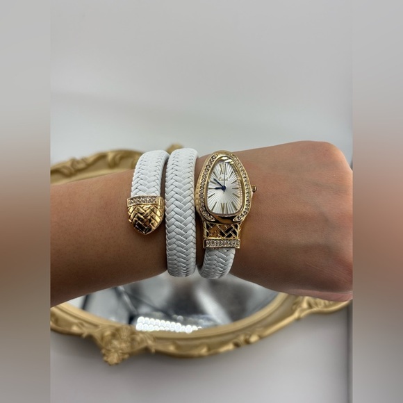 White Braided Wrap Watch with Gold & Crystal Accents – Bracelet Style - Picture 8 of 9